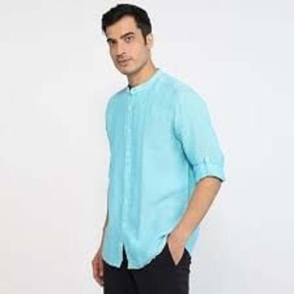 Parx Men Slim Fit Solid Pattern Pure Linen Mandarin Collar Casual Shirt Light Bl